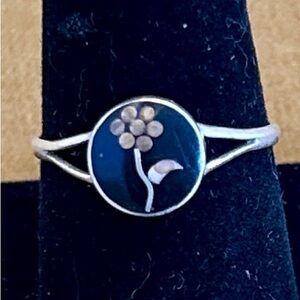 Petite Vintage Onyx and Abalone Silver Ring